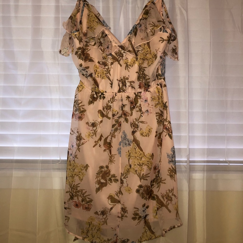 light pink floral, open shoulder dress